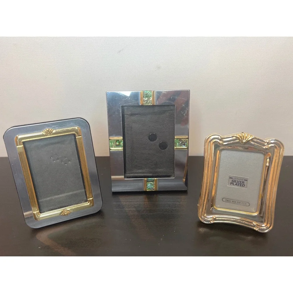Vintage Picture Frame Set Silver Gold Tone Abalone Shell Art Deco Miniature 3pc